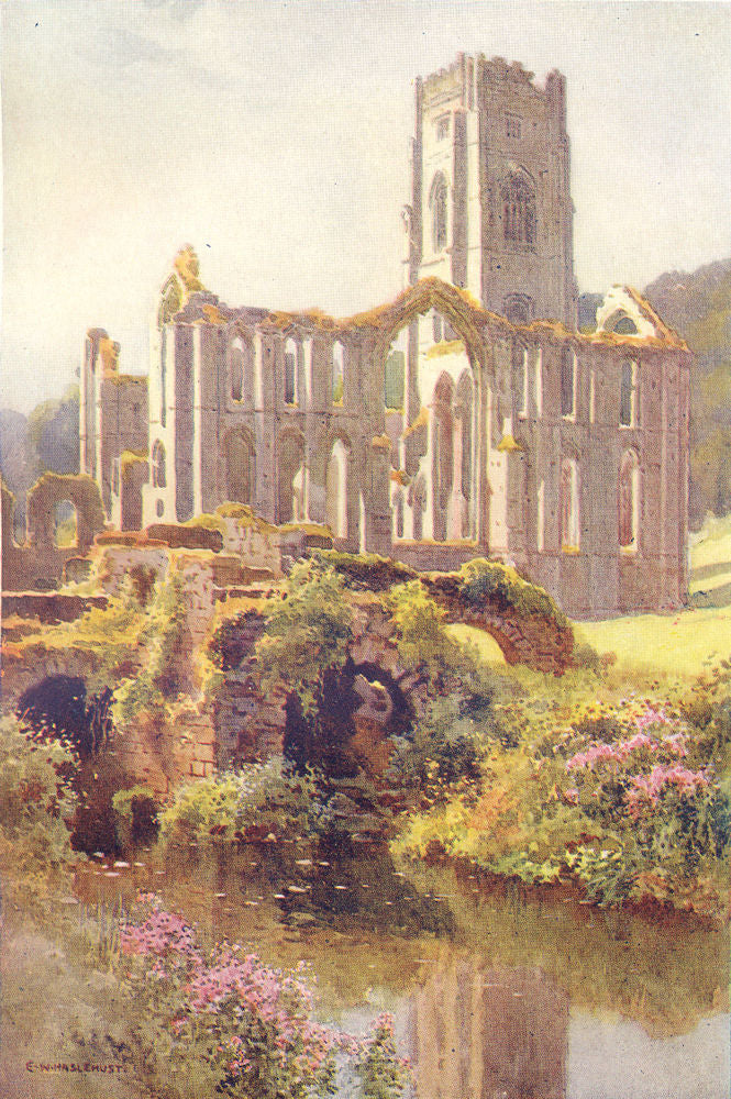 Fountains Abbey. Yorkshire. By Ernest Haslehust 1920 old antique print picture